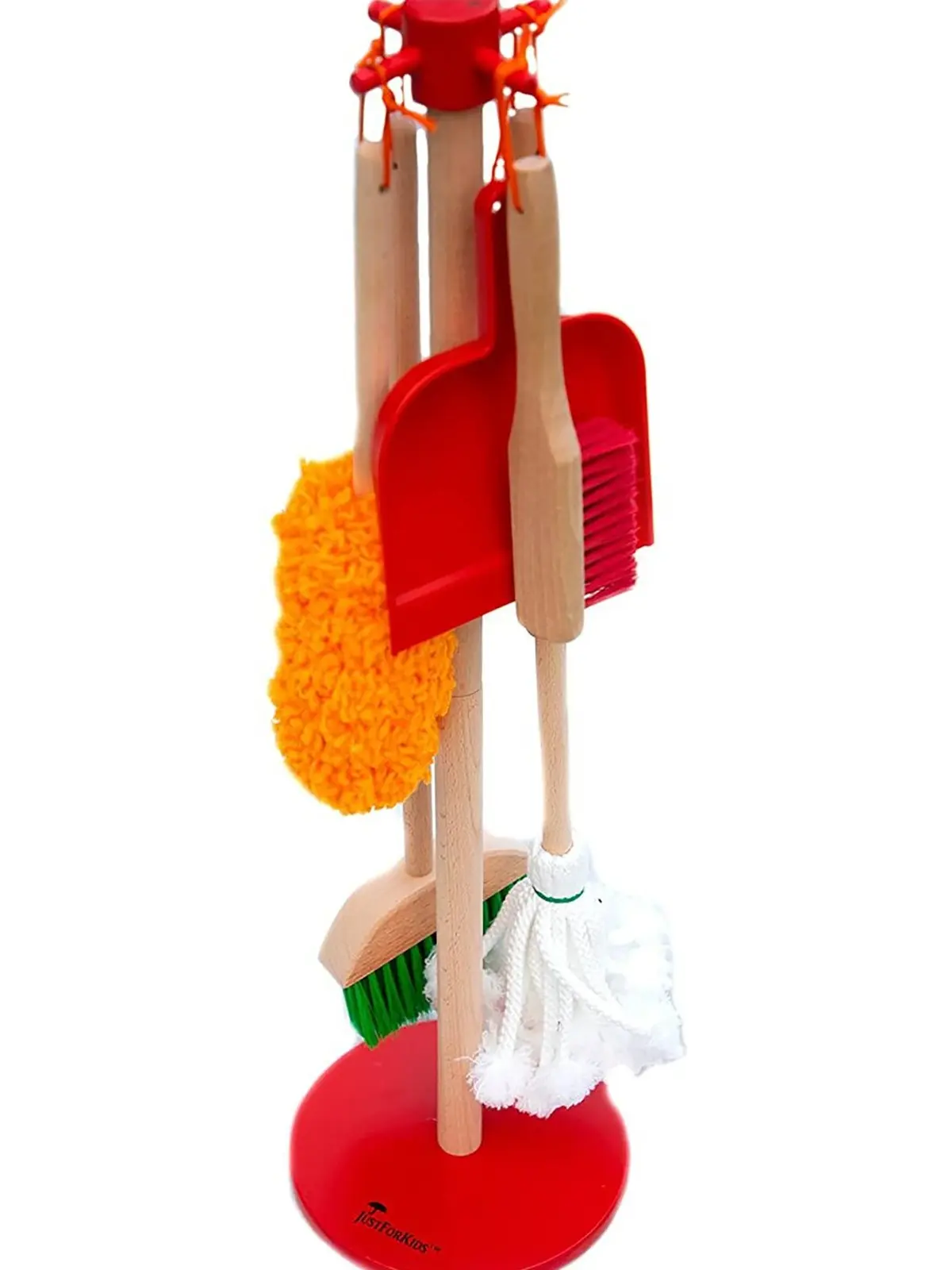 JustForKids Wooden Detachable Kids Cleaning Set - Duster, Brush, Mop, Broom and Hanging Stand Play - Housekeeping Kit - STEM Toys for Toddlers Girls & Boys, Total 6 Pieces,Multi Color,10071