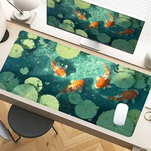 Koi Fish Lotus Green Desk Pad Gaming Mousepad XXL Mouse Pad For Laptop Desk Mouse Pad Extra Large With Non-Slip Rubber Base Stitched Edges Surface For PC Gamers Office Workers & Home Use Ideal For Spring Summer Gifts Desk Accessory Desk Mat