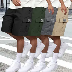 4PCS Men’s Summer Casual Cargo Shorts – Elastic waistband drawstring design, multiple pockets, letter appliqué pattern, regular fit with mid-to-high rise, non-stretch fabric; suitable for everyday wear and casual activities; not see-through material; mens