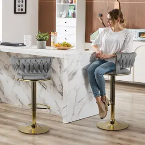 Set of 2 Dark Gray Velvet Bar Stools – Adjustable Counter Height Swivel Chairs with Low Back, Thick Seat Cushion & Gold Metal Frame, Perfect for Kitchen Island & Bar
