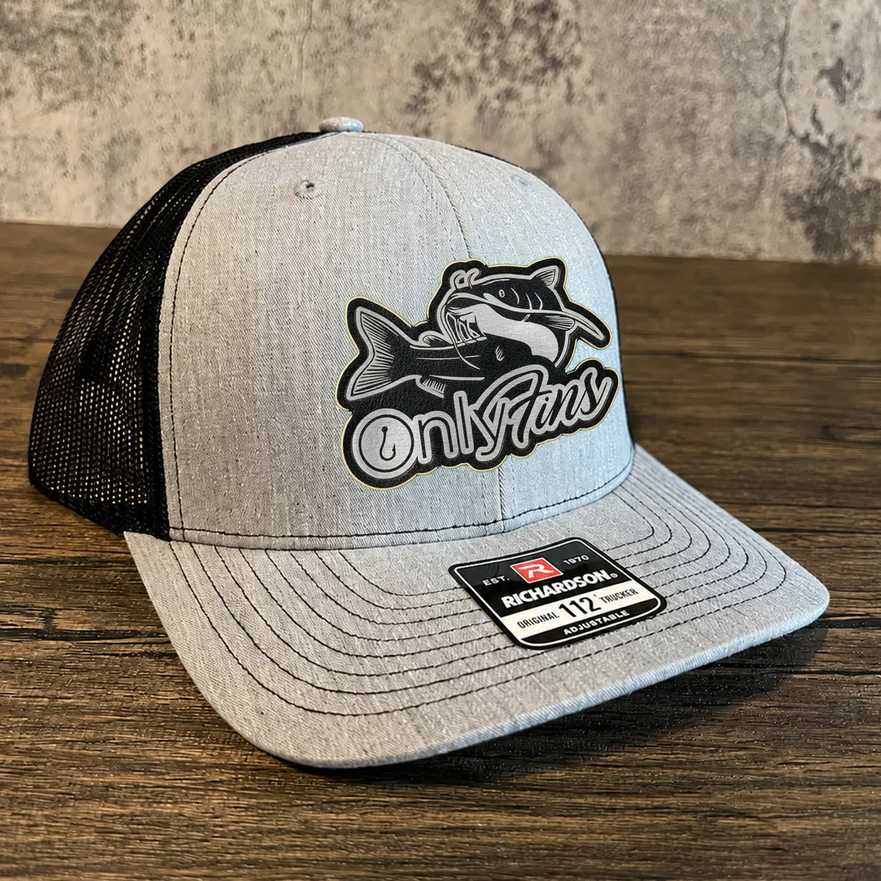 Only Fins Catfish Trucker Hat for Men, Funny Angler Richardson 112 Style Leather Patch, Grey/Black Cotton Mesh Snapback, Full Black, Black/Grey