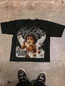 Unisex Short Sleeve T-Shirt, Angel Print Design, Fashionable Youthful American Streetwear, Casual Loose Fit Half Sleeve Top