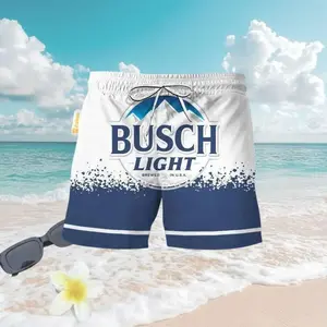 Matching Busch Light Couples Swimwear, Busch Light Beach Shorts Men Women White Navy Blue Color Block Logo Print Swim Trunks Summer Casual Streetwear Loose Comfortable Board Shorts Festival Vacation Sport