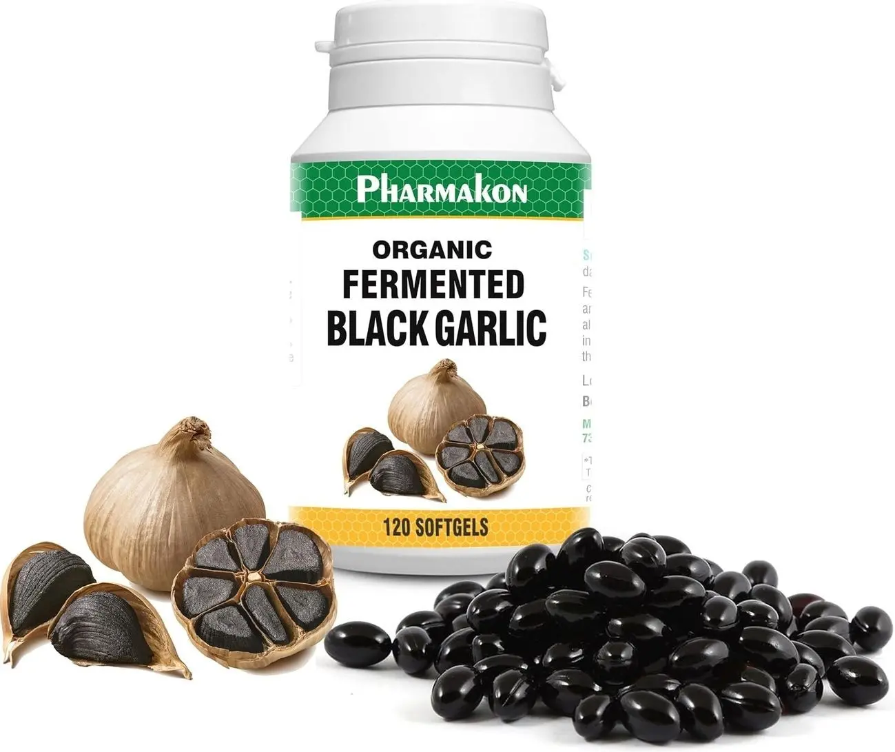 PHARMAKON Organic Aged Black Garlic, Bioavailable Soft Capsules, Wholesome, Reduced Odor (120 Count)
