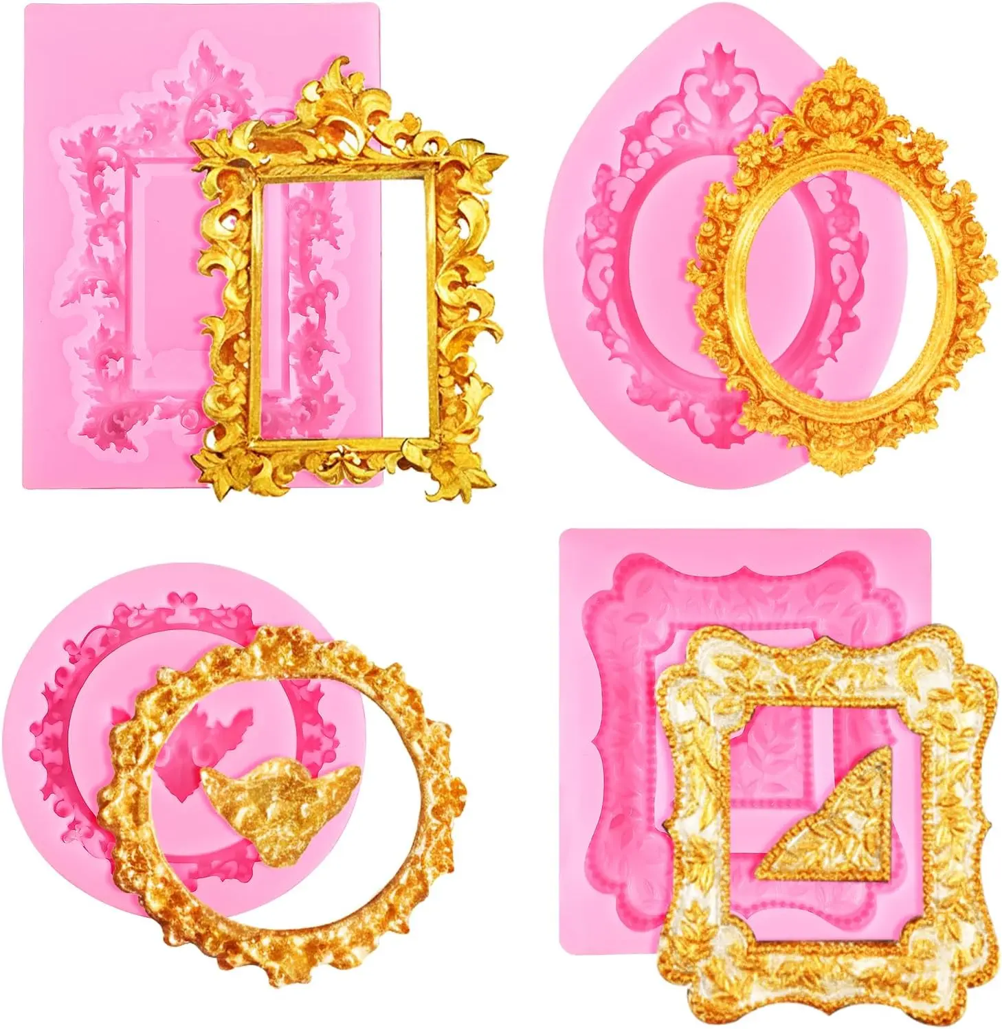 4 Pcs Photo Frame Silicone Molds, Baroque Style Air Dry Clay Molds, Mini Frame Molds Silicone for Cupcake Topper Cake Decoration Chocolate Candy Polymer Clay