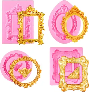 4 Pcs Photo Frame Silicone Molds, Baroque Style Air Dry Clay Molds, Mini Frame Molds Silicone for Cupcake Topper Cake Decoration Chocolate Candy Polymer Clay