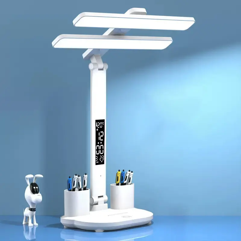 Flexible Table Lamp with Brightness Levels,Dual Head LED Desk Lamp with Charging Function,USB,Clock,Temperature,LCD,Date,Touch Control (White)