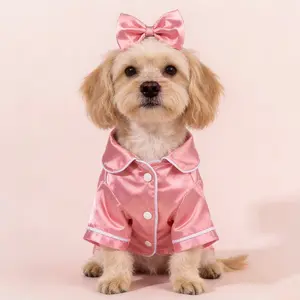 Silk Pet Pajamas Set Clothing with Peter Pan Collar, Bow Hair Accessory, Suitable for Cats and Dogs, Cute, Comfortable Home Wear, Costume