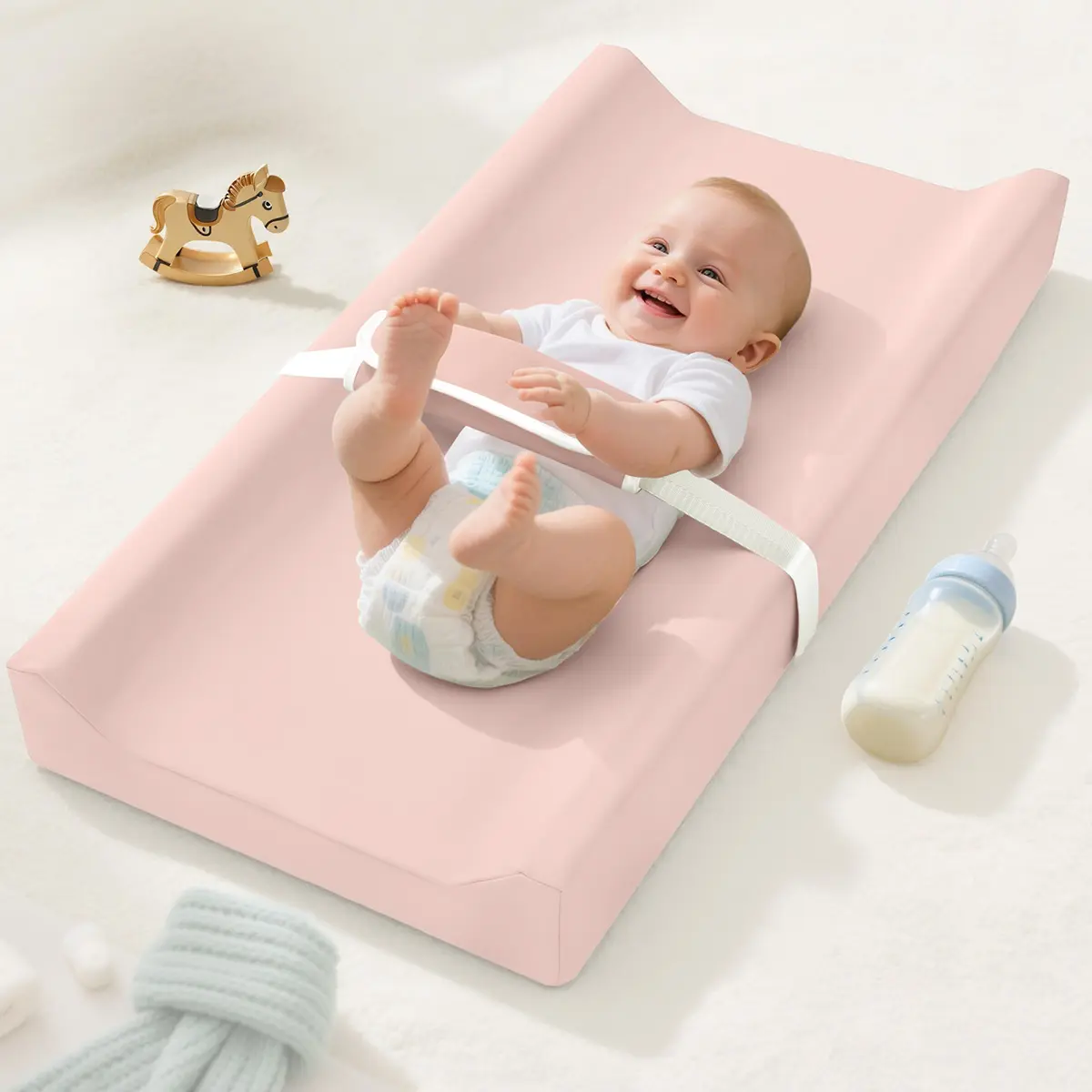 Caveen Baby Changing Pad, Waterproof PU Cover, Contoured Diaper Changing Pad, with Non-Slip Safety Belt, Waterproof & Wipe-Clean, Cozy Diaper Changing Pad for Dresser and Table, Portable and Lightweight, Large Cushioned Foam, Pink