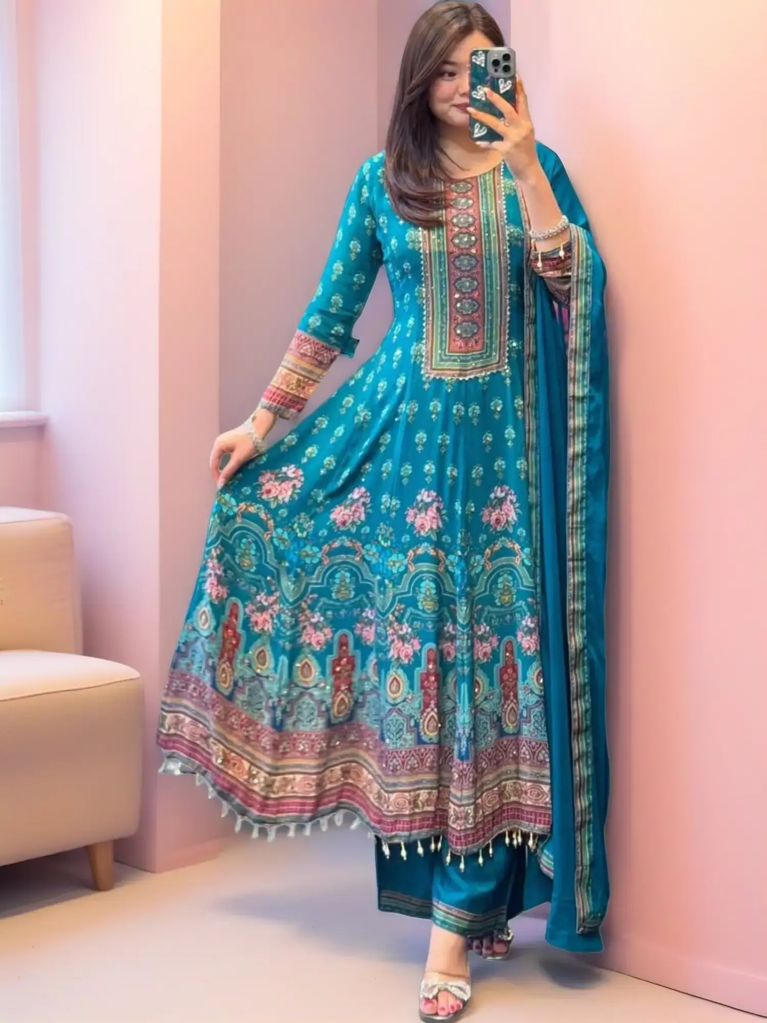 Women's 3 Piece Rajasthani Mirror Work Anarkali Set With Dupatta Pure Chinon Fabric Hand Work Festive Wear