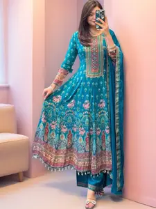 Women's 3 Piece Rajasthani Mirror Work Anarkali Set With Dupatta Pure Chinon Fabric Hand Work Festive Wear