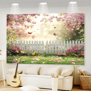 1pc Easter Backdrop Spring Theme Lush Green Grass Pink Cherry Blossom Fence Scene Durable Polyester for Holiday Celebration Photography