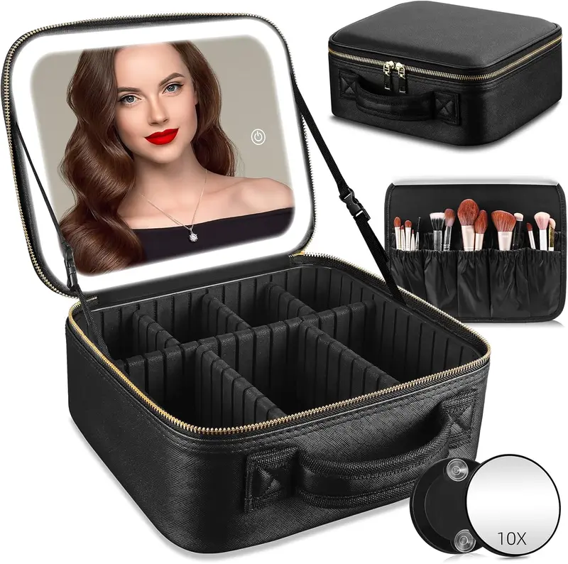 Travel Makeup Bag With LED Mirror, Cosmetic Train Case with Light up Mirror, Portable Makeup Artist Organizer Bag with Adjustable Dividers