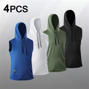 Men's Sports 4-Pack Solid Color Hooded Sleeveless Vests with Drawstring Quick Dry Breathable Lightweight Casual Wear#SummerVibes