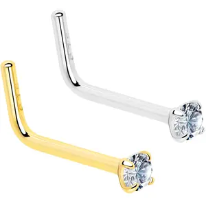 20 Gauge Gold Plated 925 Sterling Silver 2mm CZ L-Shape Nose Ring