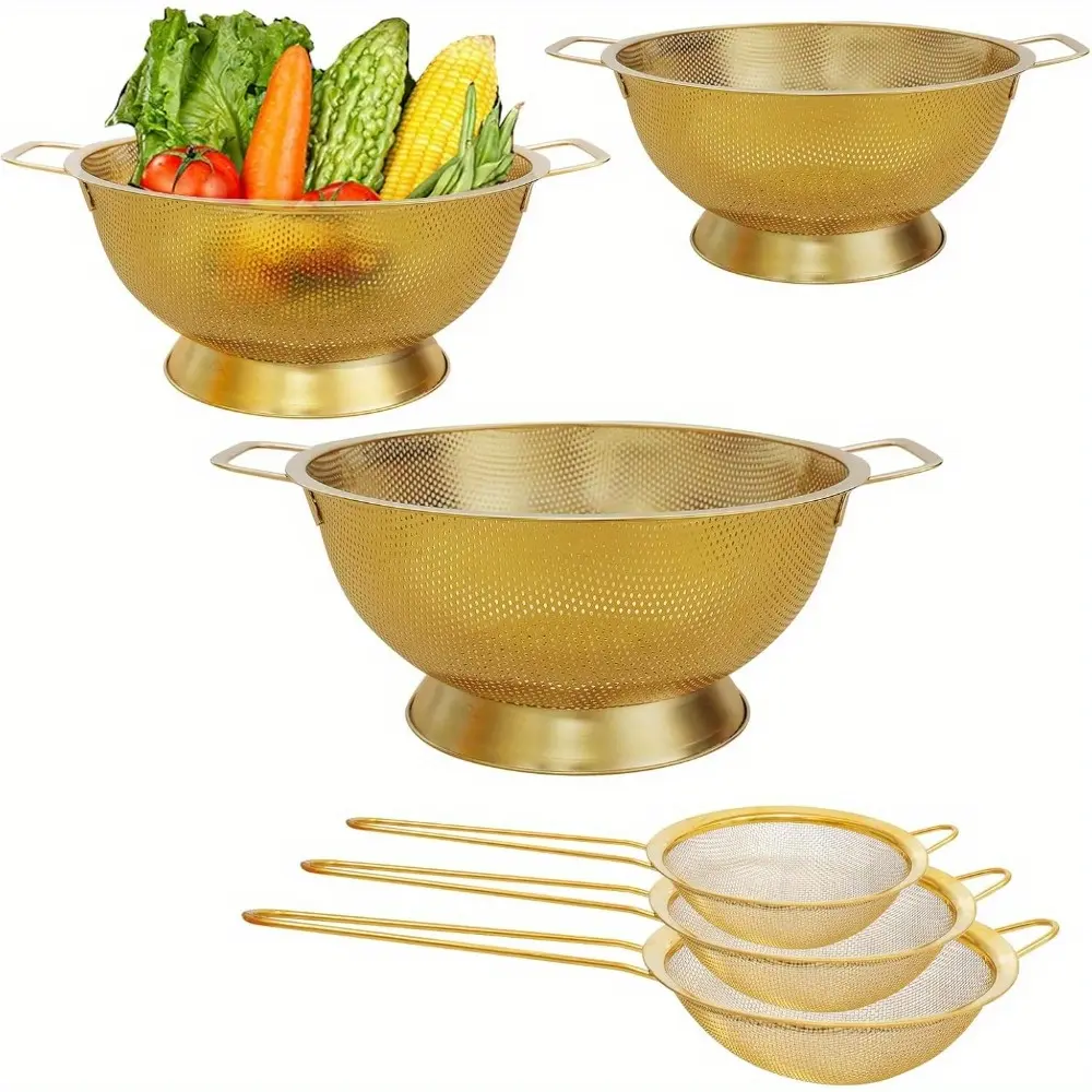3 Pcs Stainless Steel Gold Colander and 3 Pcs Fine Mesh Strainer Set, 1/3/5 Quart Metal Mesh Basket with Handles for Kitchen, Draining Pasta, Rinsing Fruit, and Cooking (Gold)