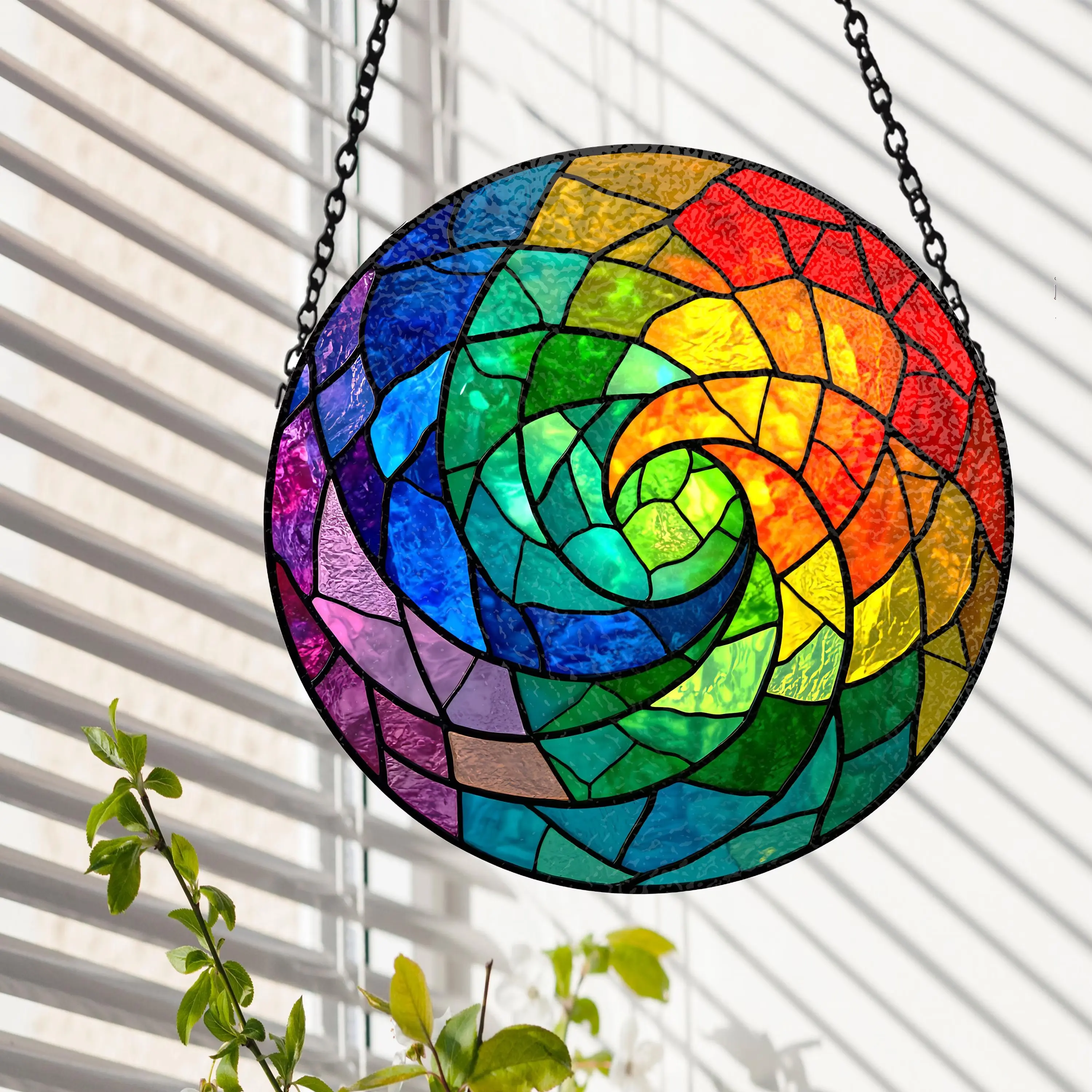 Rainbow Spiral Stained Glass Suncatcher, Round Mosaic Window Hanging, Colorful Geometric Home Decor, Art Lovers Gift