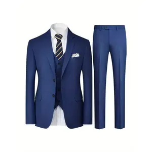 Men's Solid Color Two-Button Business Suit Three-Piece Set, Suit Jacket + Vest + Pants(Sheets)