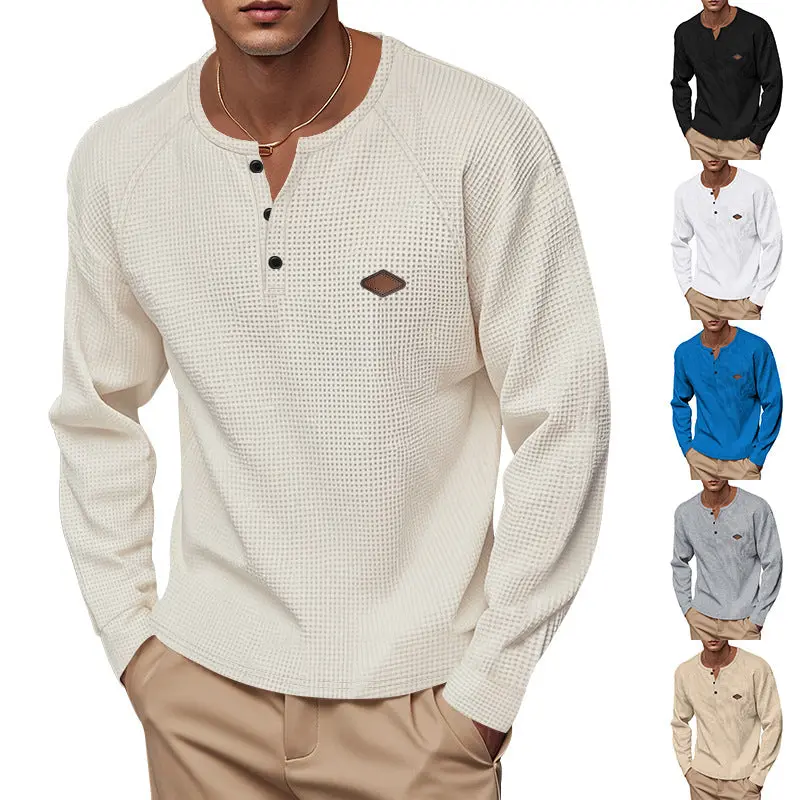 Men's Premium Waffle Knit Long Sleeve Henley Shirt – Quick-Dry Raglan Pullover