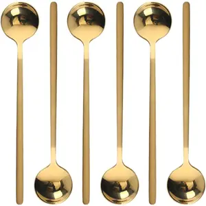 6 Pcs Golden Stainless Steel Round Dessert Spoons - Long Handle for Hot Chocolate, Ice Tea, Latte & Espresso