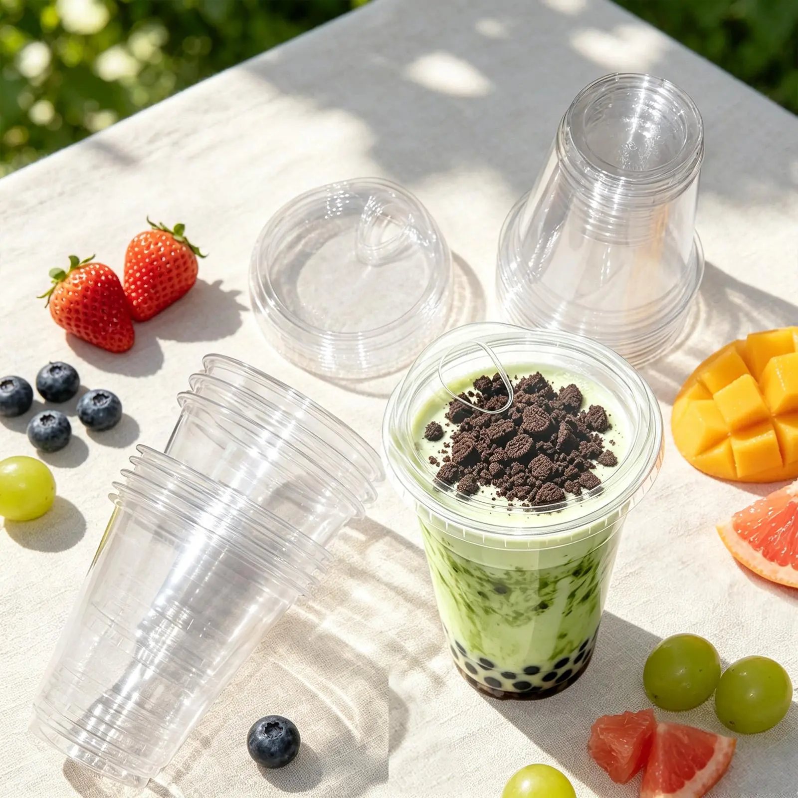 100-piece heavy-duty disposable no-straw coffee cups, 12 oz / 16 oz / 20 oz / 24 oz, perfect for homemade lattes, milkshakes, and cold drinks. Transparent plastic takeout beverage cups ideal for parties, home use, cafes, and daily consumption. Individual