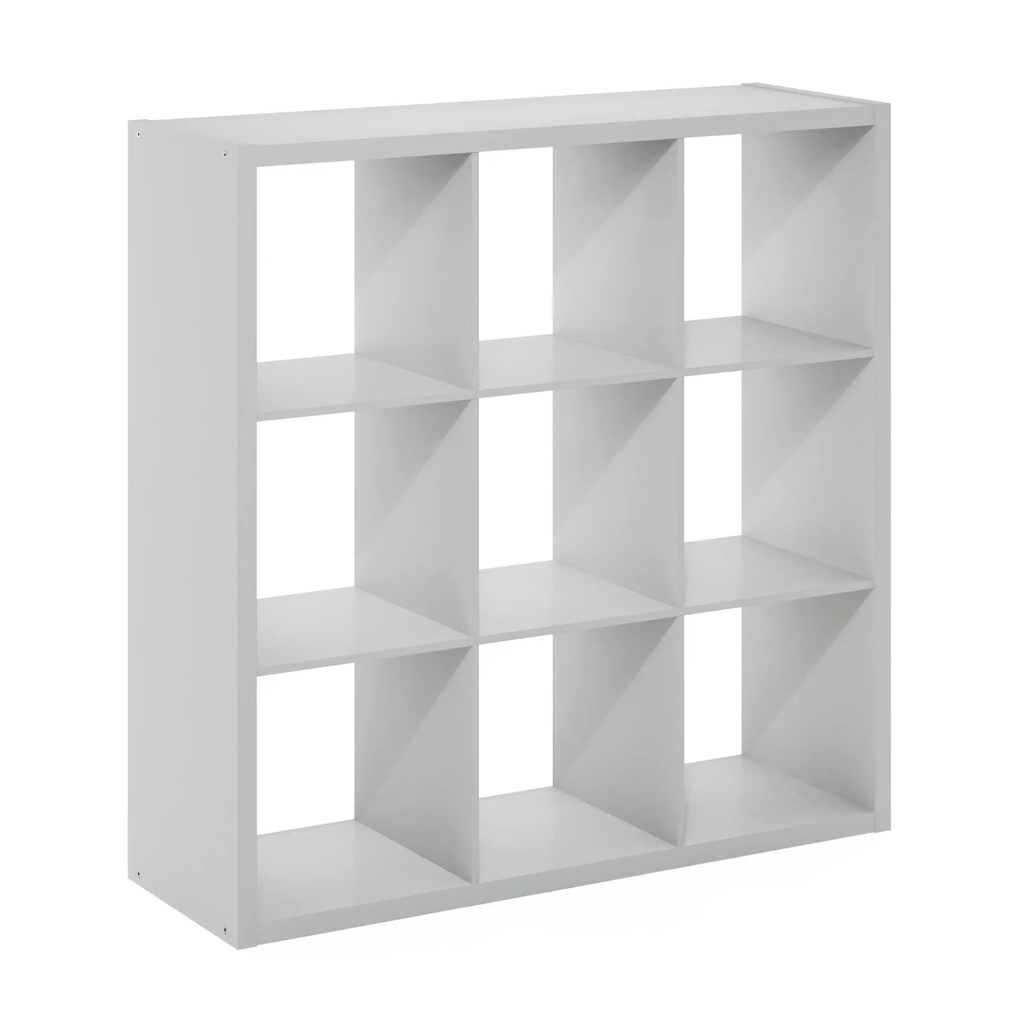 9-Cube Modern Bookshelf Rack - Contemporary Light Grey Open Back Composite Wood, Extra Thick Frame, Reversible, 14.6x44x44 in, Indoor Storage for Living Room, Home Office, Ideal for Collectibles & Shelf Styling