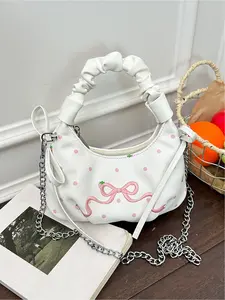 Sweet girl storm point bow embroidery handbag with detachable chain and pleated handle loop, can hold mobile phones, lipstick, and small items, versatile and practical bag suitable for dating and daily commuting