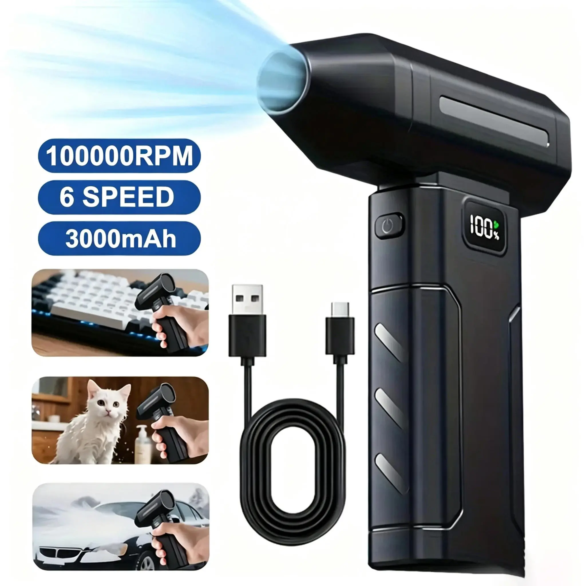 Compressed Air Duster, Air Duster Blower, 6000mAh Personal Cooling 100,000RPM Ultra-Powerful Cordless Electric Air Duster With 2600mAh Rechargeable Battery, 6-Gear AdjustableAir Fan For Keyboard, Computer, Car, Home Cleaning