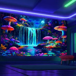 1pc Vibrant Mushroom Mountain Water Landscape Starry Sky Pattern UV Black Light Tapestry Wall Mural, Home Decoration Hanging Cloth, Party Decoration, Holiday Gift, Live Broadcast Background Cloth, With Installation Bag