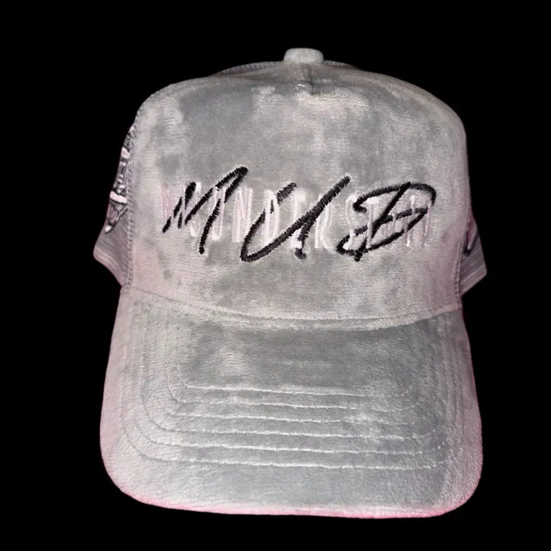 Misunderstood Silver Velvet Trucker Hat with Embroidered Logo for Stylish Outfits