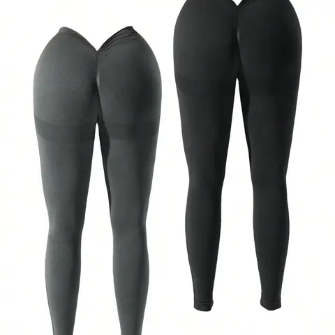 Women's Solid V-Cut Ruched High Waist Sports Leggings, High Stretch Scrunch Butt Yoga Tummy Control Leggings, Ladies Sportswear for Indoor Outdoor Wear, Activewear for fitness, Breathable Skinny Leggings, Gym Workout Sportswear, Workout Clothes Women