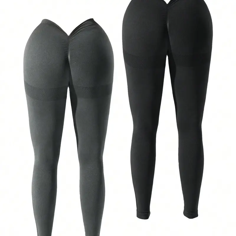 Women's Solid V-Cut Ruched High Waist Sports Leggings, High Stretch Scrunch Butt Yoga Tummy Control Leggings, Ladies Sportswear for Indoor Outdoor Wear, Activewear for fitness, Breathable Skinny Leggings, Gym Workout Sportswear, Workout Clothes Women