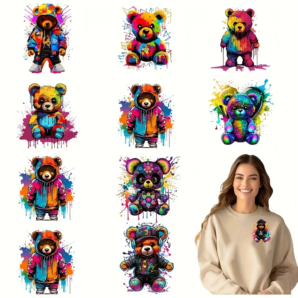 12pcs Hip Hop Bear Ironing Transfer Decal, Multicolor DTF Hot Press Patch, DIY Clothing Decoration, DIY Decorations, Craft Supplies, Perfect for Customizing Clothes