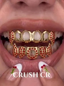 CRUSH CR Y2K Gothic Fang Grillz for Men & Women, Gold/Silver Plated Red/White CZ-Encrusted Teeth Caps, Great for Alt Outfits, Festivals, Raves & Edgy Streetwear