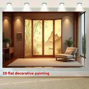 1pc 2D Flat Serene Landscape Room Divider Backdrop - Asian Style Polyester Decorative Painting with Bamboo & Mountain Scene Tranquil Room Decor Parties Photography Festival Celebrations Electricity Nee