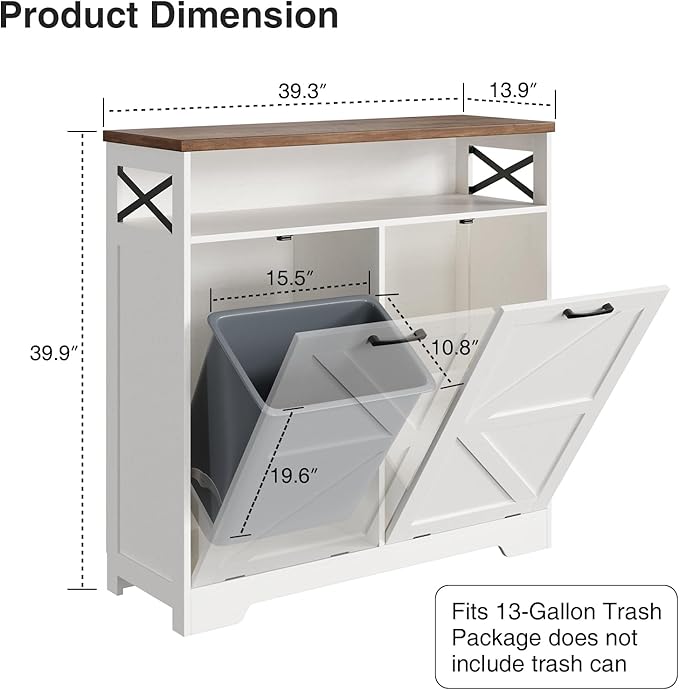 [tiktokshopbacktoschool] Vabches Wooden Tilt-Out Trash Can Cabinet for 13 Gal Bin, Barn/Cottage Style Hidden Multi-Purpose Kitchen Furniture with Adjustable Shelf, Dog-Proof Organizer (White, Dorm Essentials Home Decor)