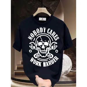 180g Heavyweight T-Shirt "Nobody Cares, Work Harder" Skull Design, Perfect for Work, Family Gatherings, Team Building, Make a Great Gift for Him, Unisex Style, Trendy & Fashionable Tee