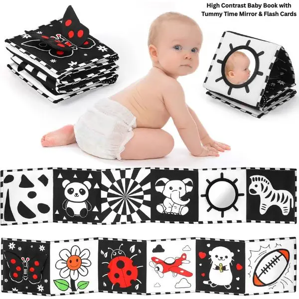 Unisex Black & White High Contrast Baby Book - Mirror+Cards, Tummy Time Mirror, Sensory Learning Developmental Toy, Easter Gift, Baby Shower Essential for 0-6 Months, 0-3 Years Infants