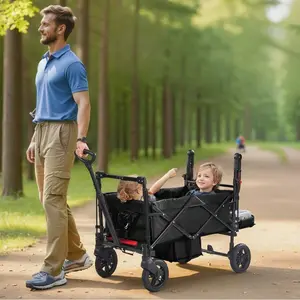 2 Seater Wagon Stroller, Push Pull Tandem Folding Wagon with Adjustable Handle & Removable Canopy, Heavy Duty Collapsible Kids Utility Wagon for Camping & Travel