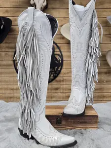 WildFlower Womens Knee High Fringe Boot - White