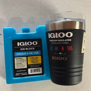 Igloo 12 Ounce Vacuum Insulated Stainless Steel Cup & Ice Block Bundle - Freeze & Re-Use Features - 4.25 x 8.25 Inches