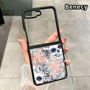 Skull and Blooms Pattern Protective Case for Z Flip 7/6/5/4, Double Protection Transparent Silicone TPU Foldable Cover with Camera Lens Guard