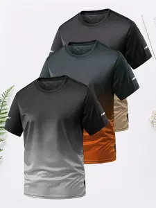 Men's Ombre Print Round Neck Tee, Regular Fit Sporty Quick Drying Breathable Short Sleeve T-shirt, Activewear T Shirt, Gym Tees for Gym Workout Running, Men's Top for All Seasons
