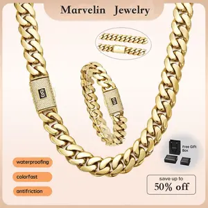 Marvelin Jewelry Set 14K Gold-Plated Cuban Miami Style Necklace & Bracelet Combo Waterproof Rust-Proof "S" Logo Lock Perfect Gift for Any Occasion.Waterproof, rustproof, hypoallergenic—the perfect Valentine's Day gift for your loved ones.
