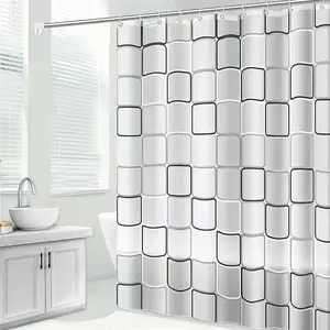 Geometric Pattern Shower Curtain, Semi-transparent Bath Curtain with Metal Grommets & Plastic Hooks, Bathroom Decor Supplies for Home Hotel Salon, Bathroom Decoration Accessories