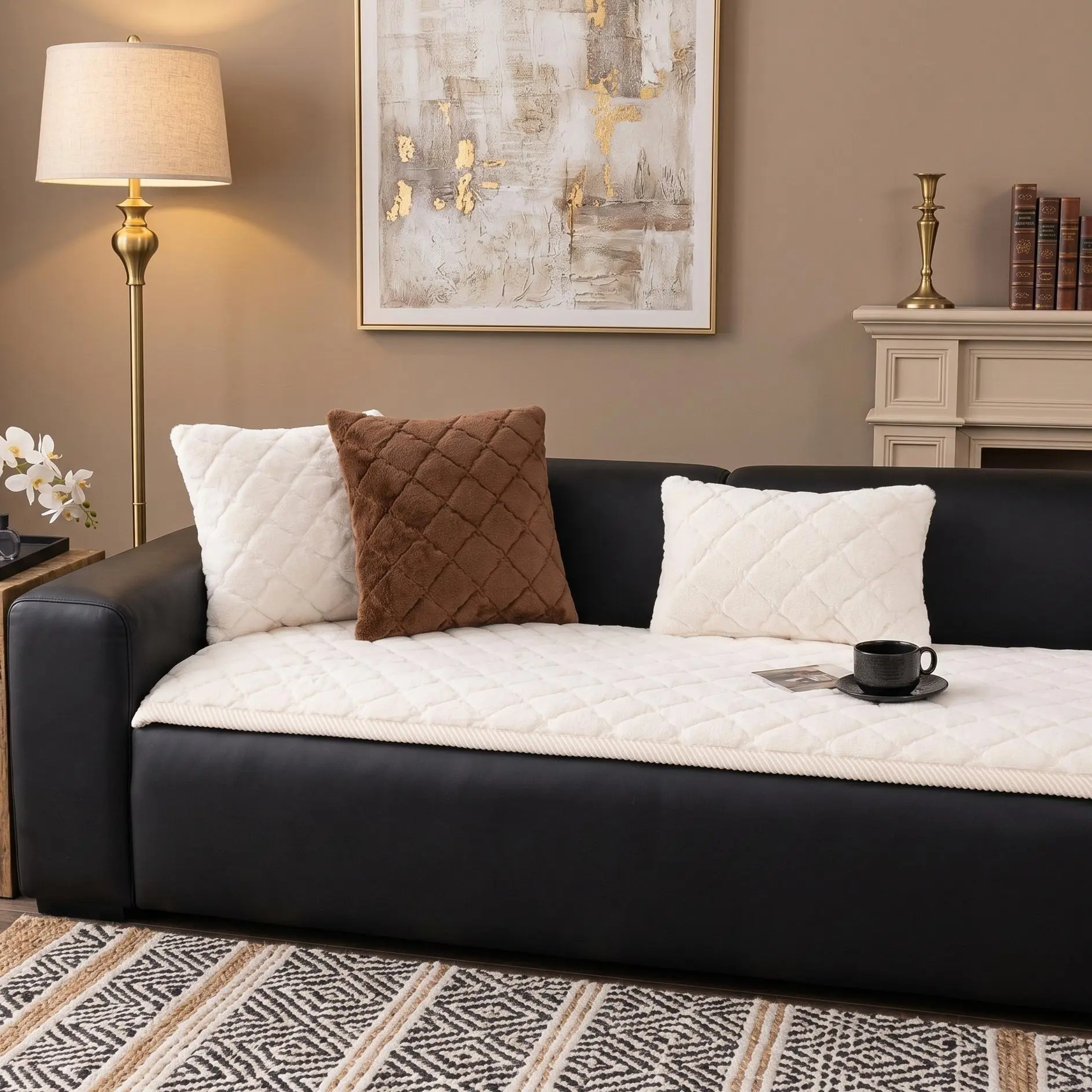 Cream Plush Sofa Cover – Anti-Slip Fixed Cushion for Straight Row Leather Sofa, High-End All-Over Couch Towel & Slipcover