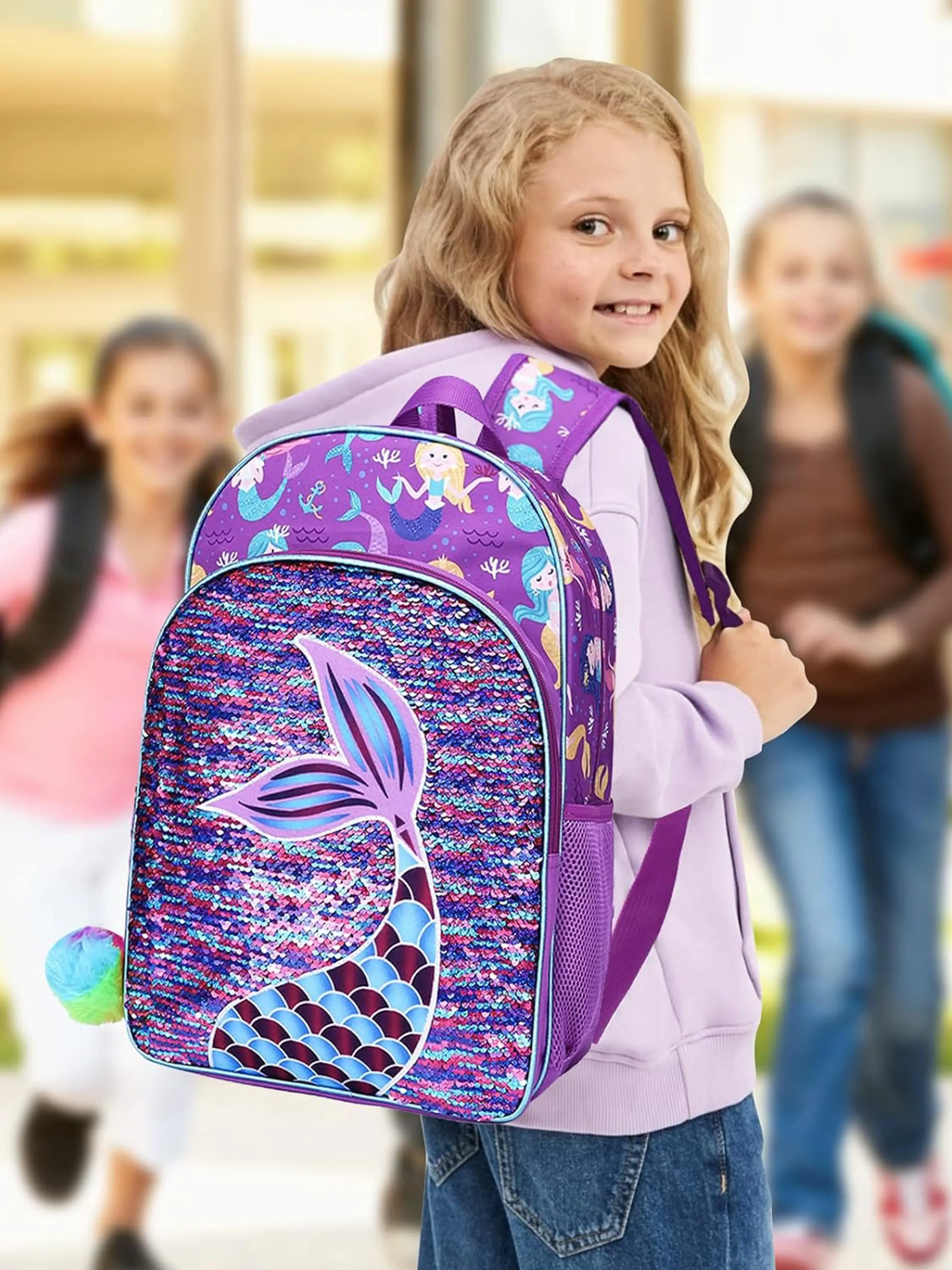 Adorable Unicorn Mermaid Sequin Duffle Backpack Set, Cute Cartoon Design, Adjustable Straps, Zip Closure, Durable Polyester, Perfect Gift for Girls