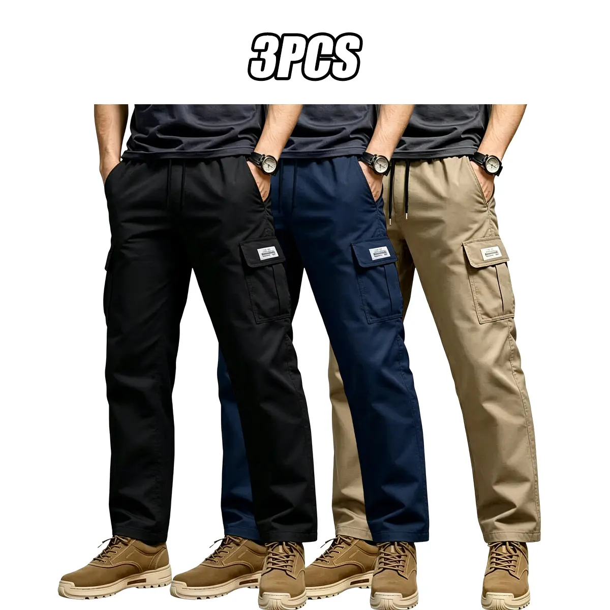 Men’s Multi-Pocket Cargo Pants 3-Pack – Stretch, breathable fabric; adjustable waistband and zipper design | Machine washable regular fit softshell pants | Outdoor casual long pants | Durable work pants