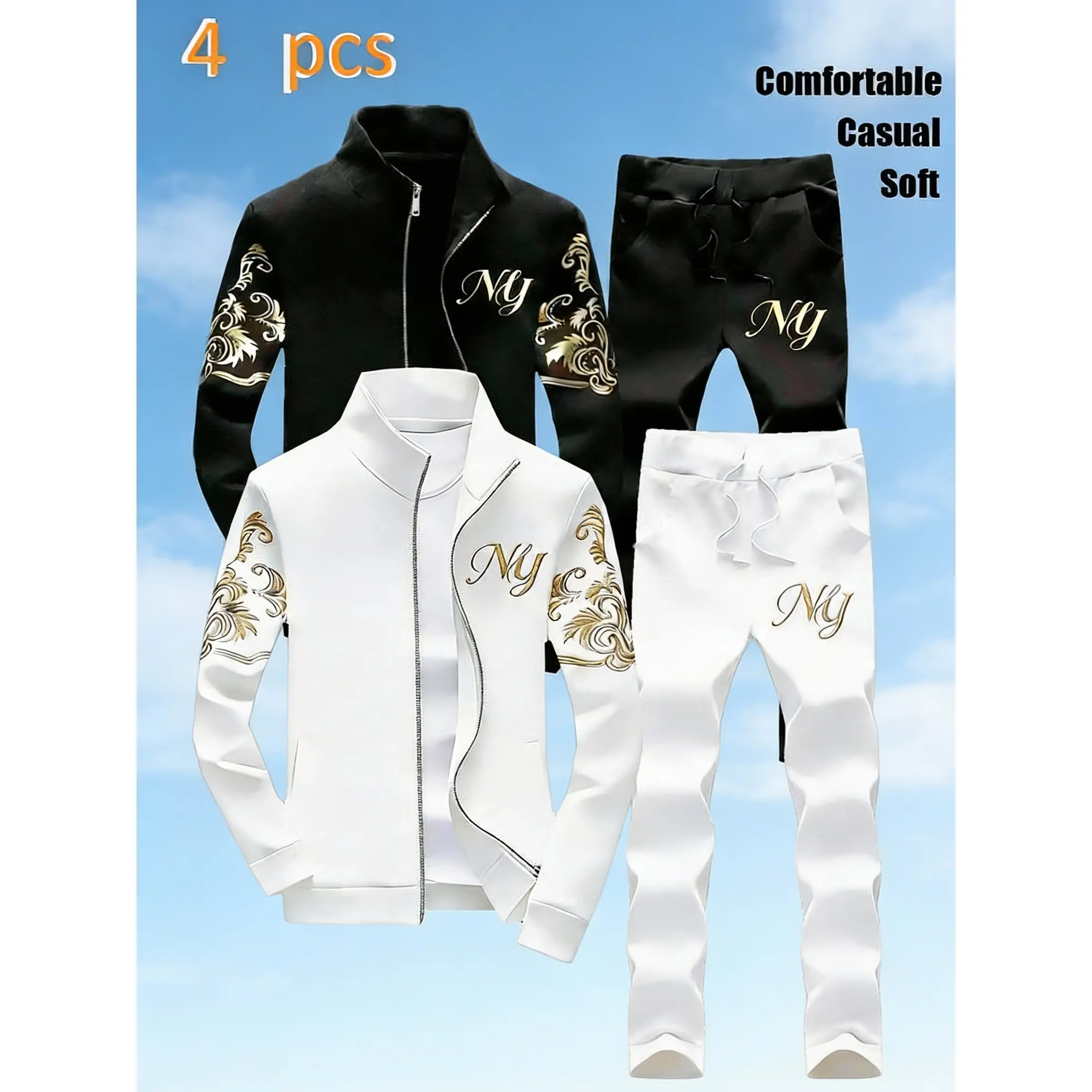 Light Luxury Gold Pattern Men's Set: Stand-Up Collar Zipper Closure, 4-Piece Casual Sports Set