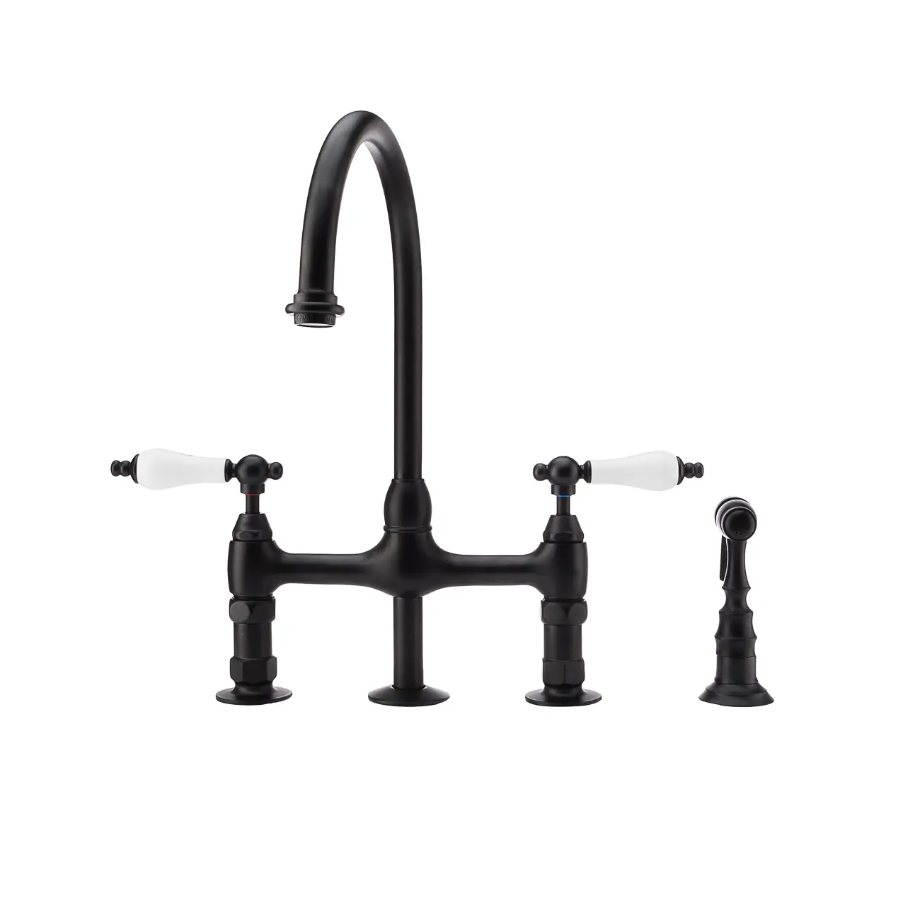 Gooseneck Bridge Style Kitchen Faucet - Porcelain Lever Handles - Matte Black